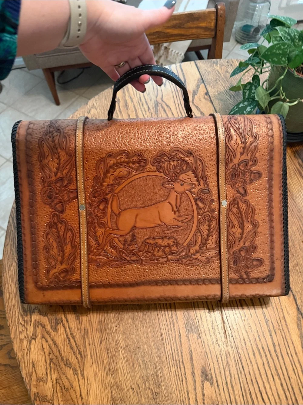 Tooled Leather Briefcase in Brown with Personalized Initials